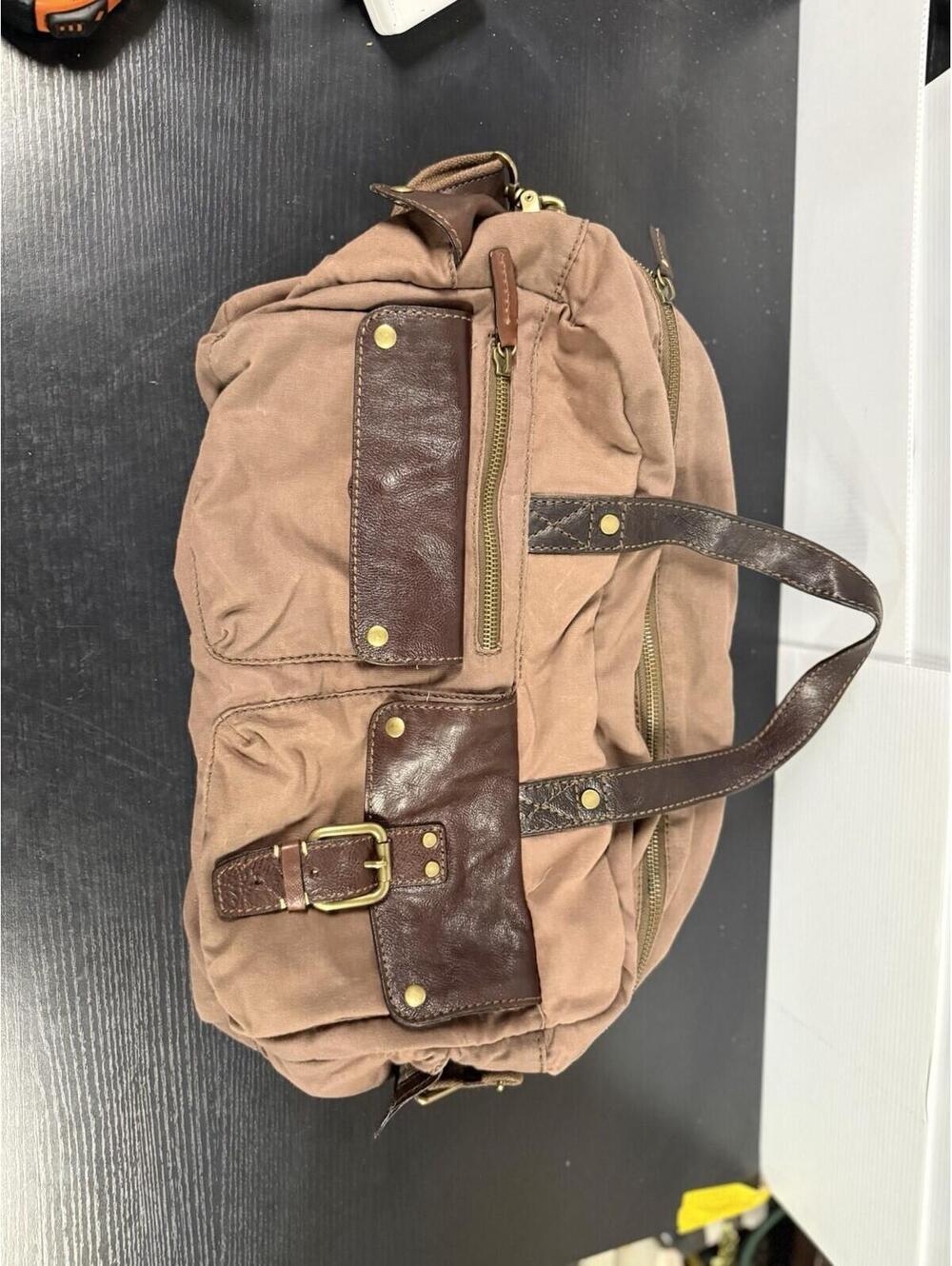 Fossil Canvas Leather Satchel Duffel Bag Brown Travel Messenger Weekender